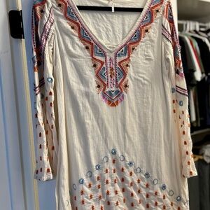 Free People White Mini Dress with Multicolor Embroidery